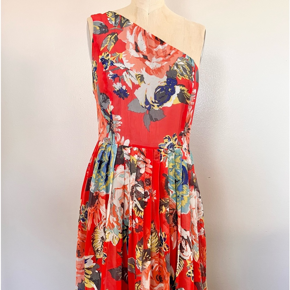Anthropologie Red Floral One-Shoulder Dress